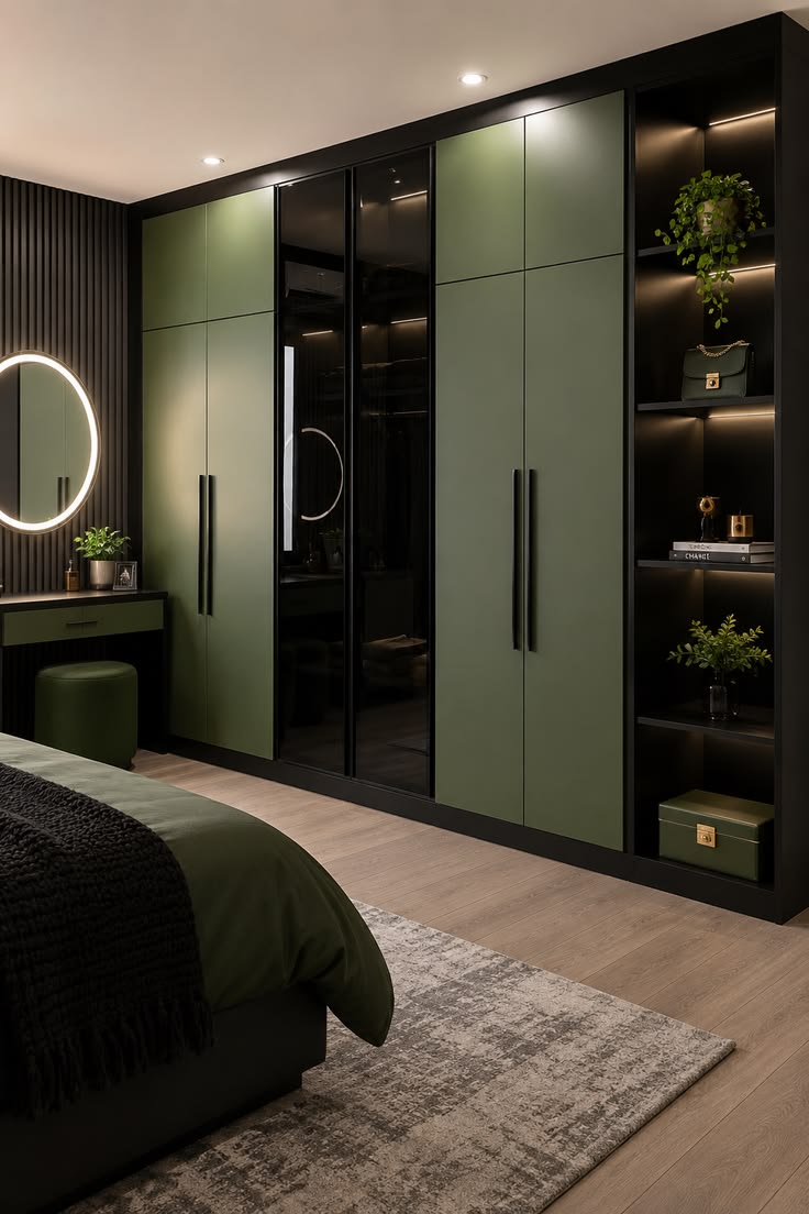 Olive & Black Glass Wardrobe with Vanity