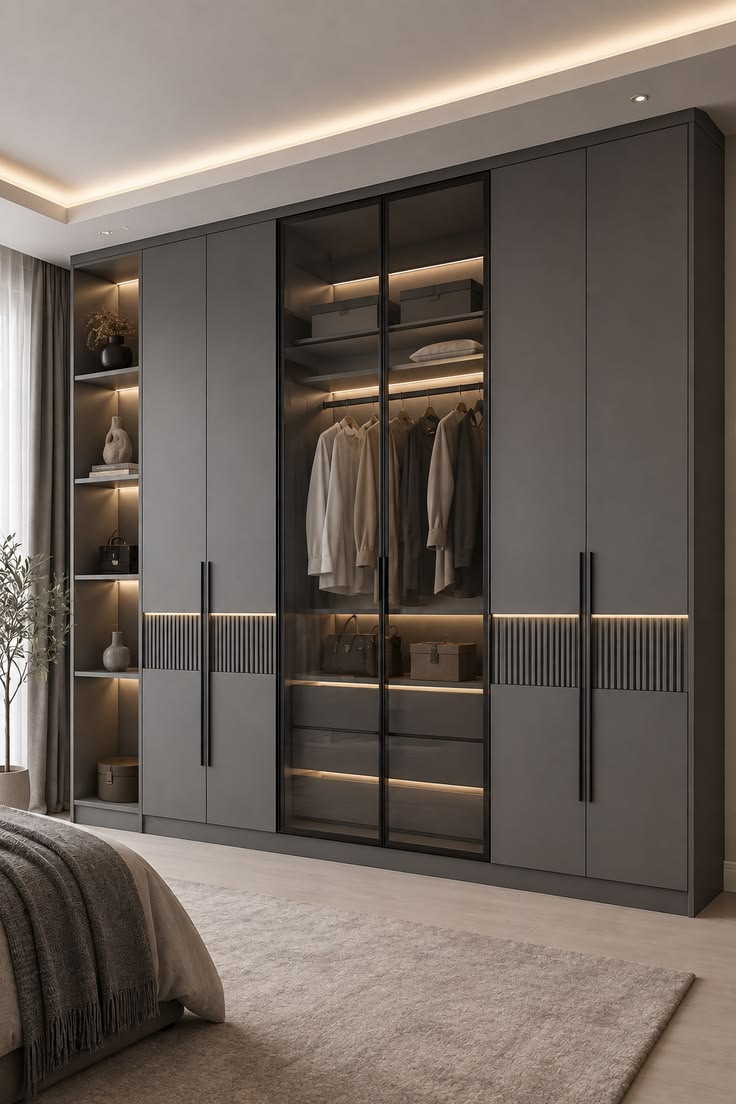 Charcoal Ribbed Wardrobe with Glass Display