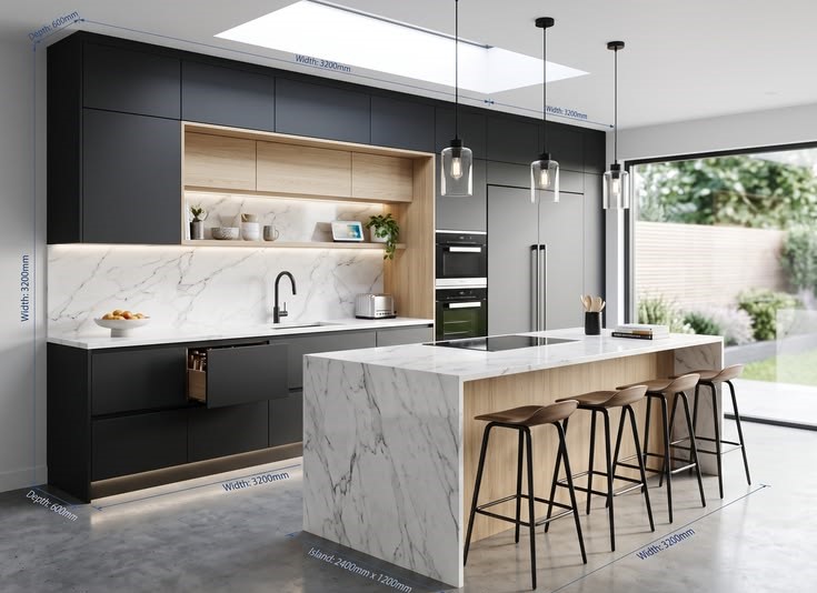 Charcoal Matt Kitchen with Marble Waterfall Island