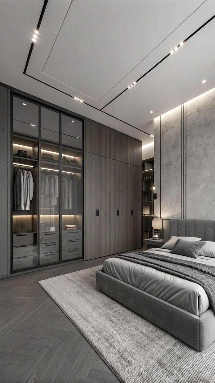 Grey Walk-In Wardrobe with Track Lighting