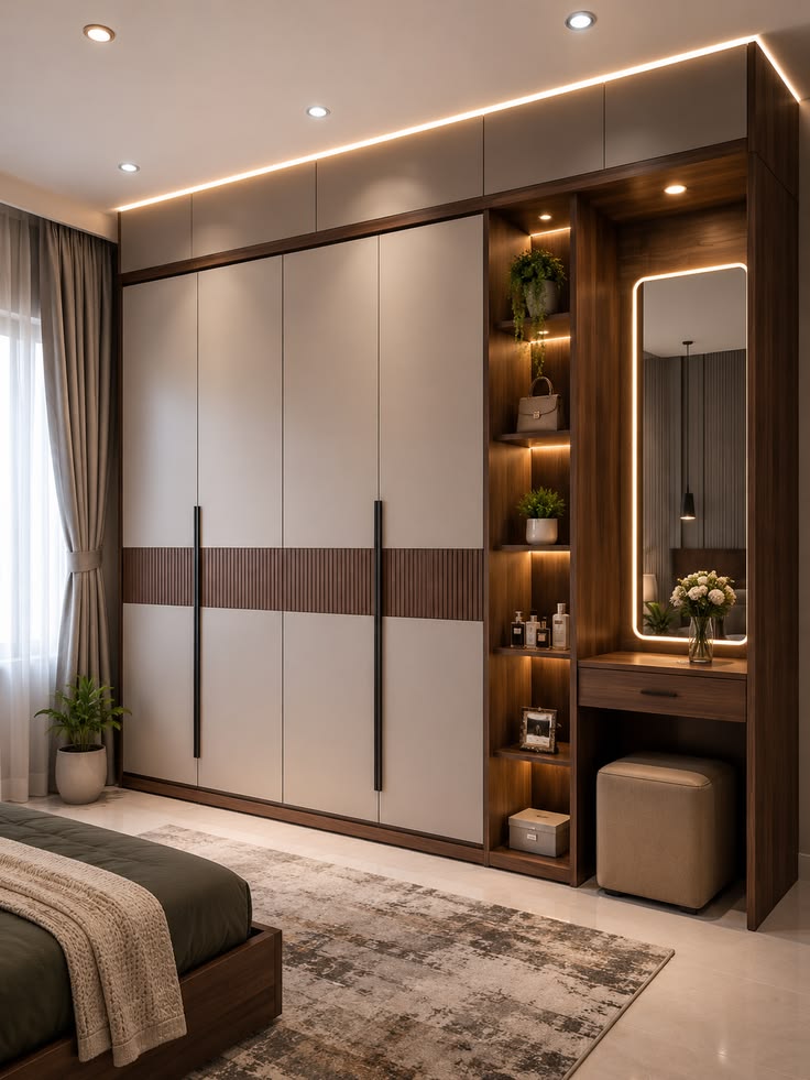 Cream & Walnut Wardrobe with Vanity Niche