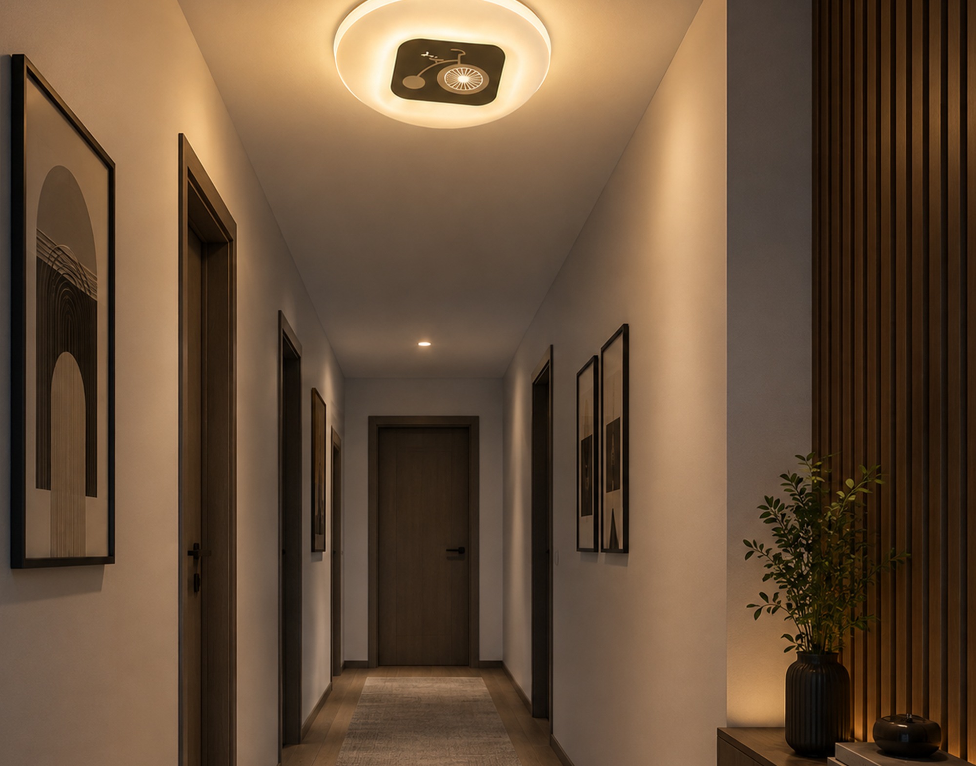 Round Led Halo Ceiling Light Glowing Warmly In A Modern Panelled Hallway - Boss Interiors Gaborone