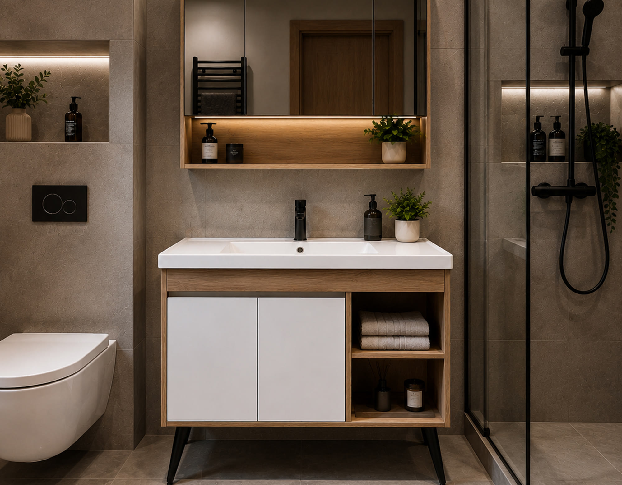 Oak & White Vanity Unit with Mirror Cabinet