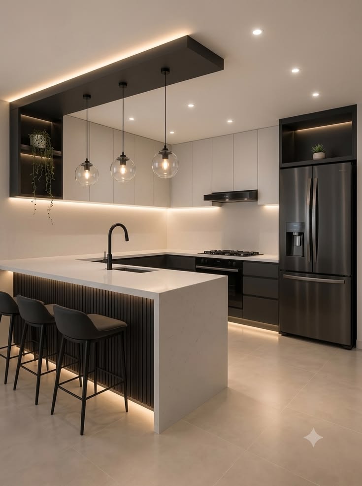 White & Black Kitchen with Fluted Island