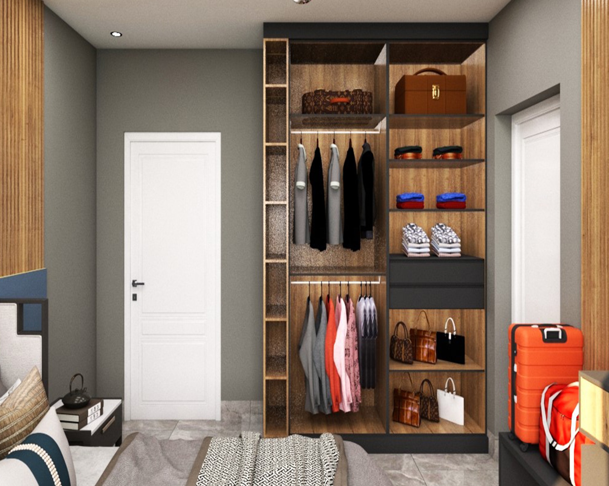 Open Oak Wardrobe with Shoe & Bag Shelving