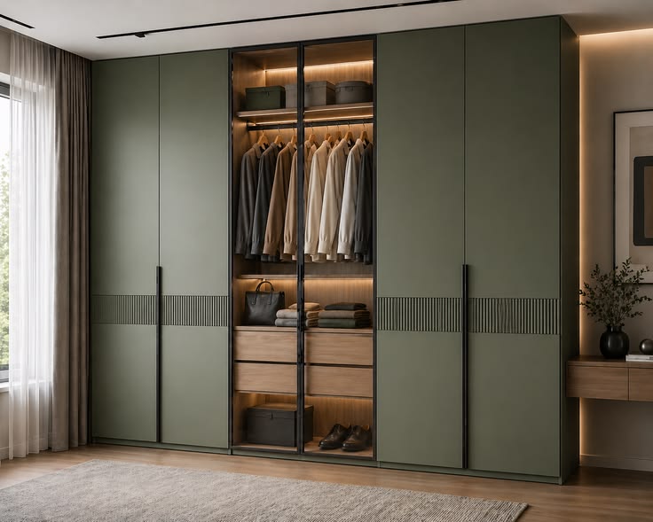 Olive Green Ribbed Wardrobe with Oak Drawers