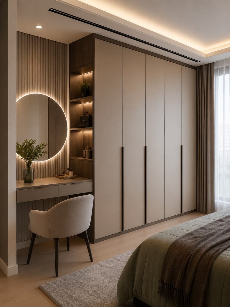 Cream Wardrobe with Round Lit Vanity Mirror