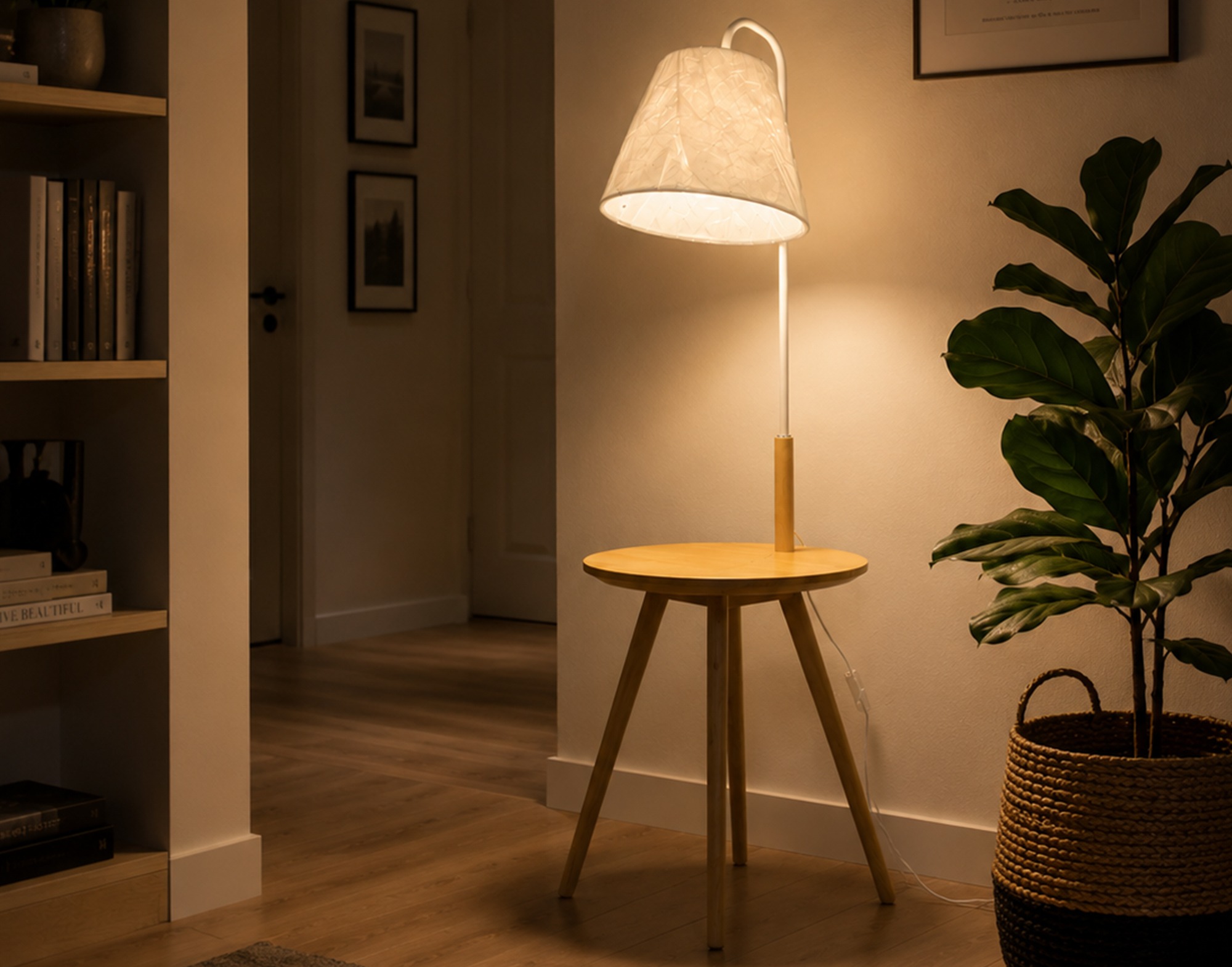 Scandinavian Floor Lamp With Fabric Shade Over A Round Wooden Side Table In A Warmly Lit Hallway - Boss Interiors Gaborone