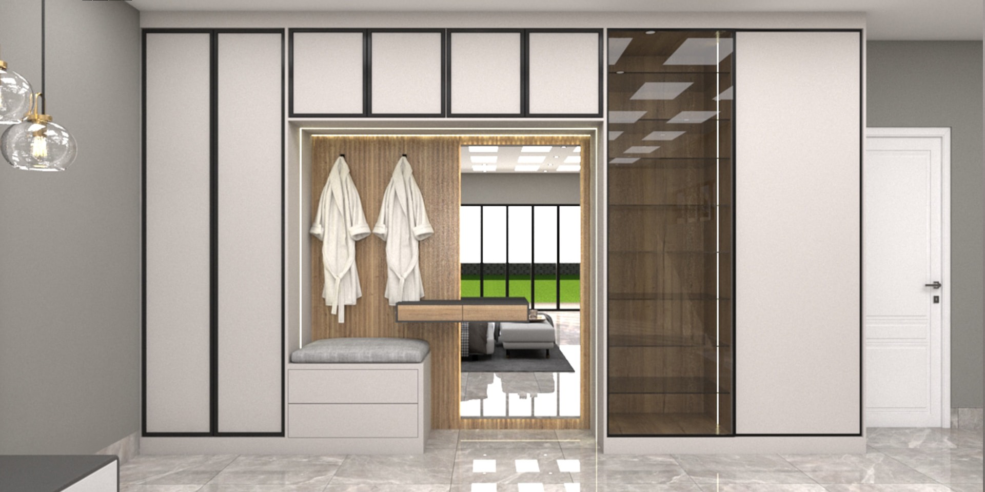 Built-In Wardrobe with Mirror & Dresser Bench