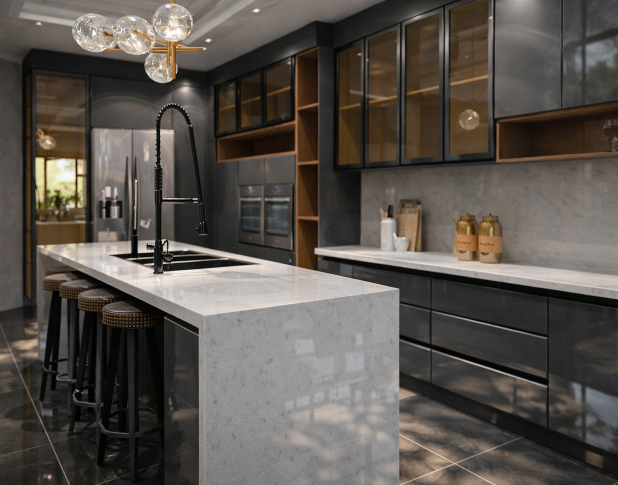 Charcoal Gloss Kitchen with Stone Island