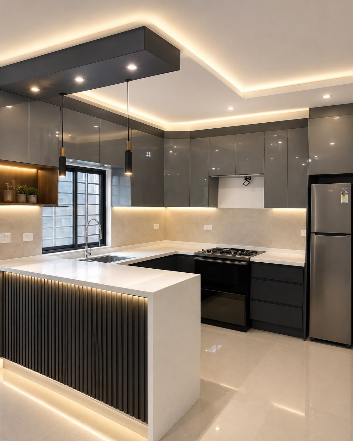 Grey Gloss Kitchen with White Peninsula