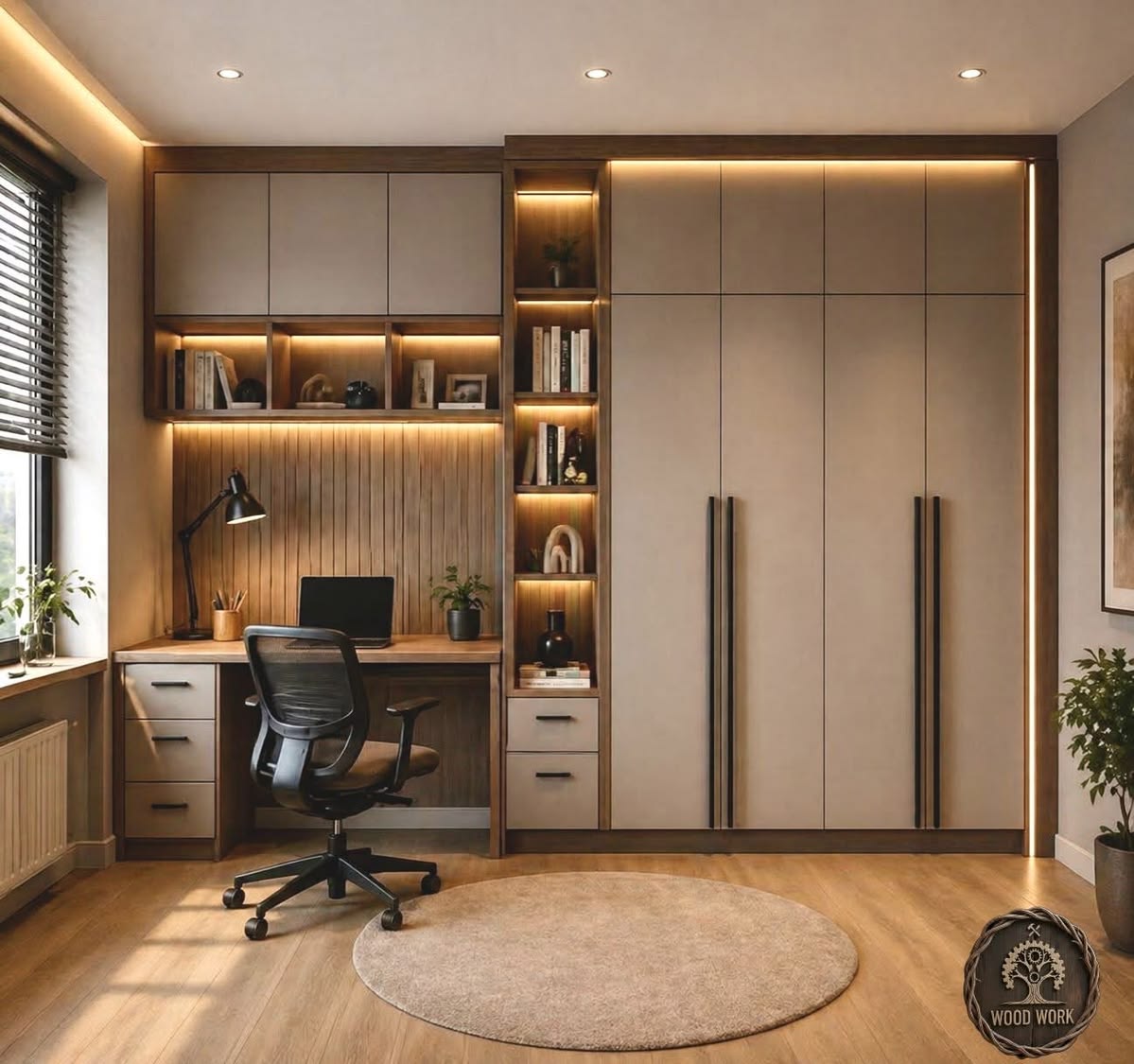 Warm Wood Study Wardrobe with Display Shelves