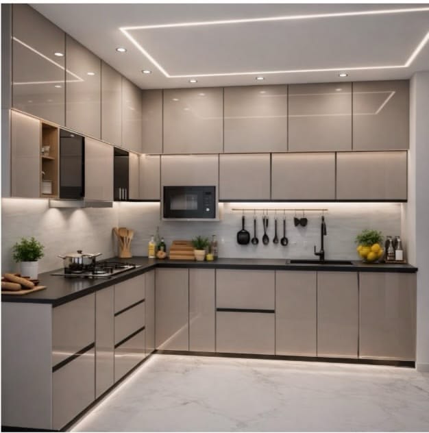 Taupe Gloss Kitchen with Ceiling Light Detail