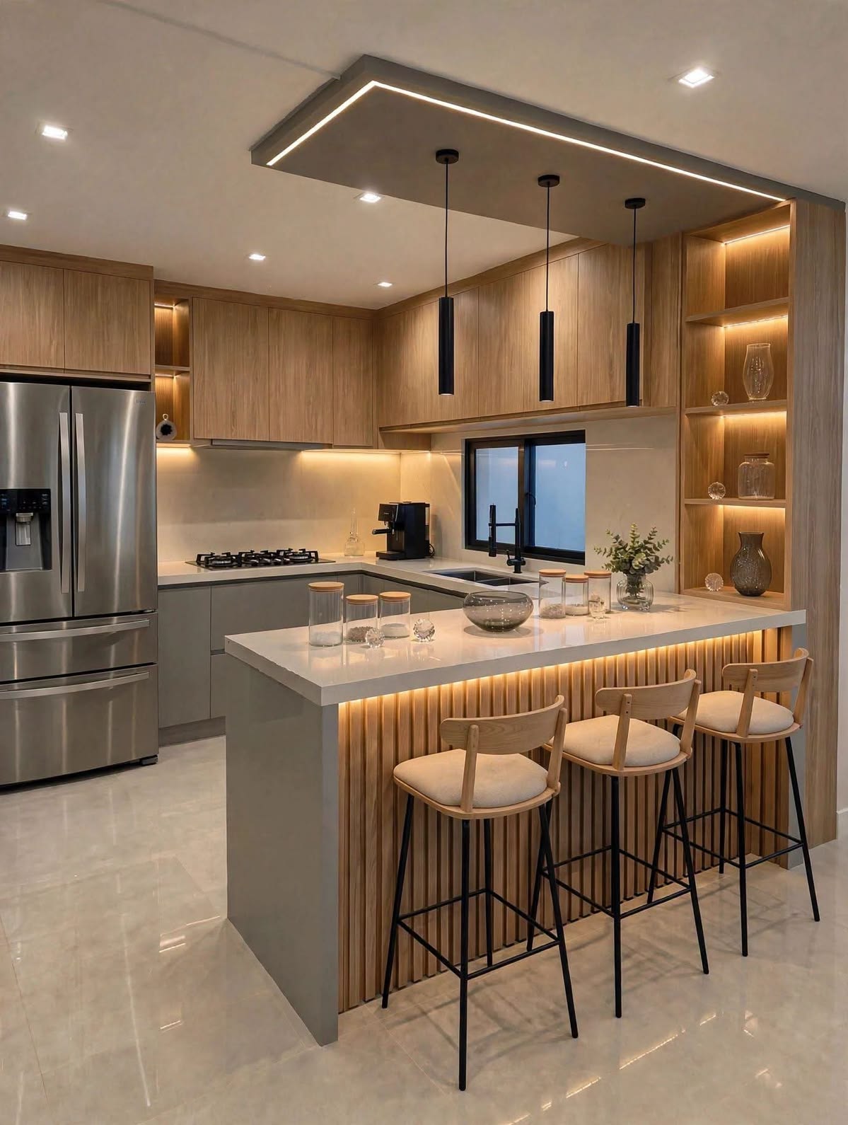 Oak Peninsula Kitchen with Fluted Bar