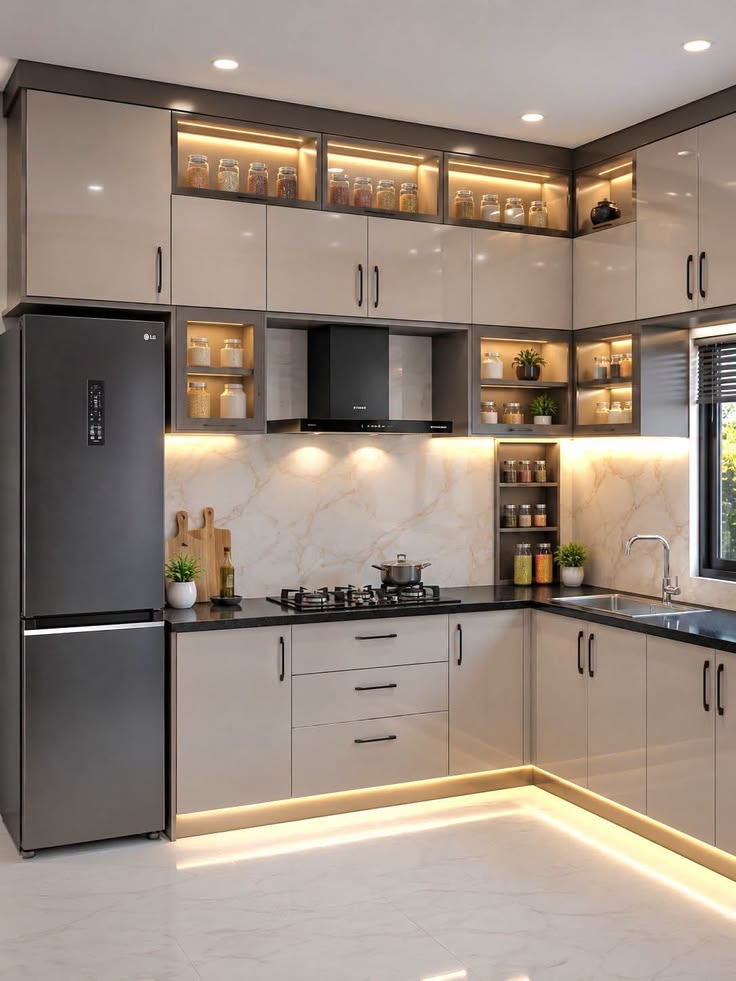 Champagne Gloss Kitchen with Lit Display Niches