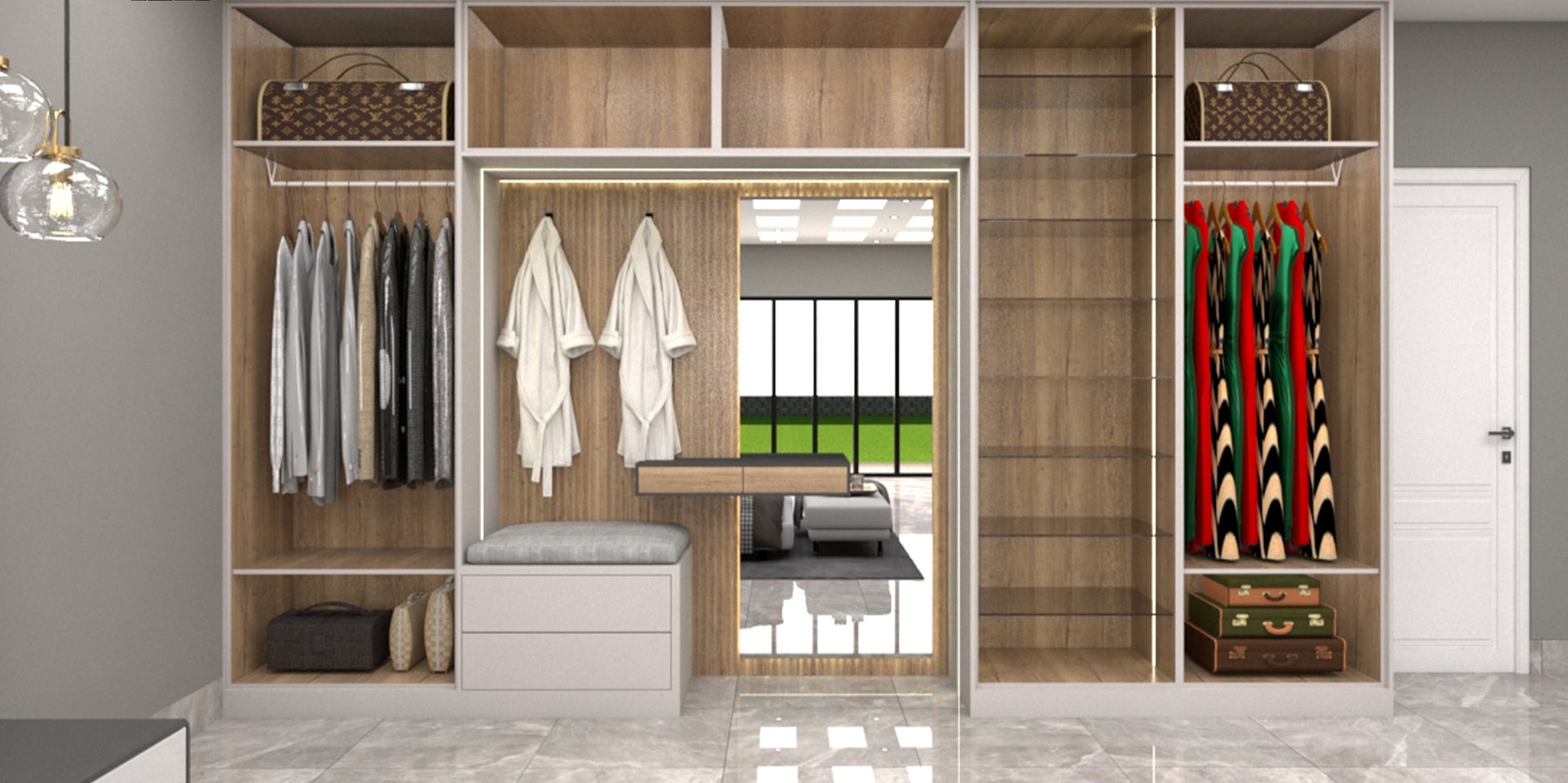 Open Oak Walk-In Wardrobe Wall