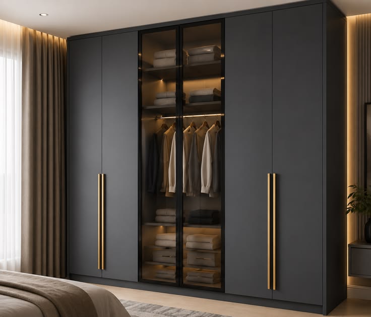 Dark Grey Wardrobe with Gold Handles