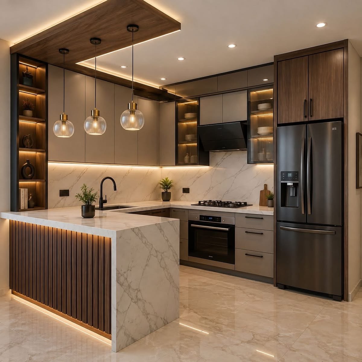 Walnut & Marble U-Shaped Kitchen