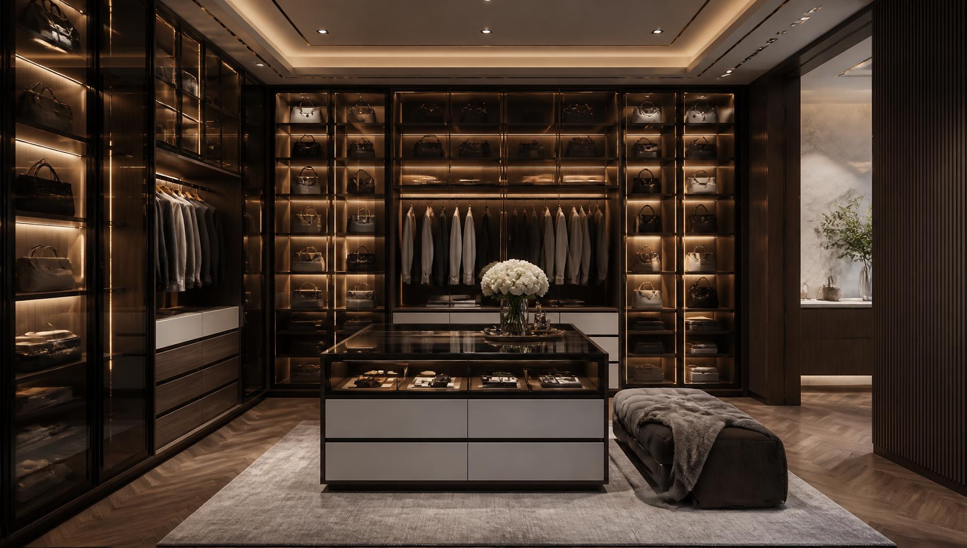 Custom illuminated walk-in wardrobe