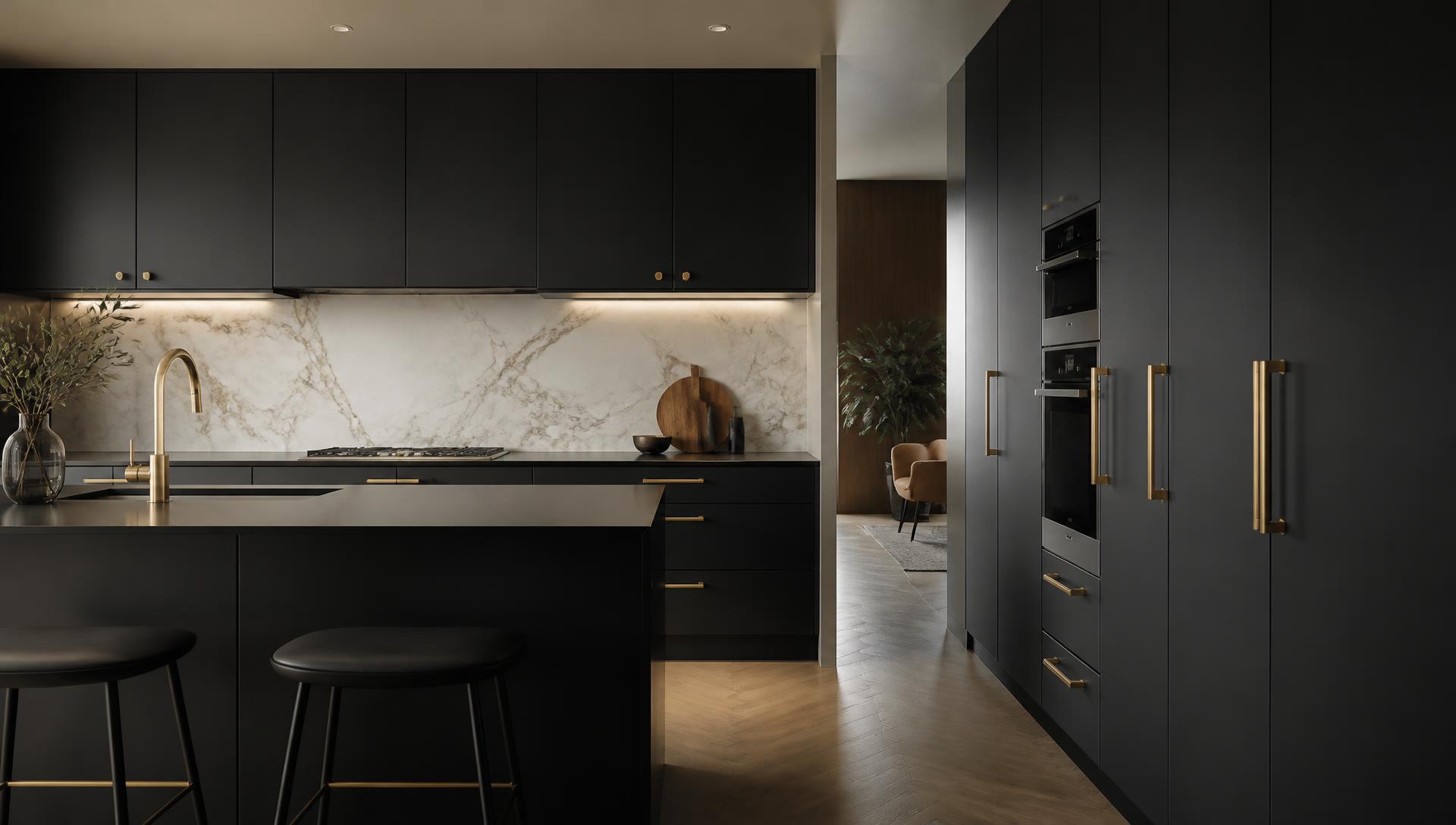 Modern kitchen finished in Kalapana super matt black with brass handles